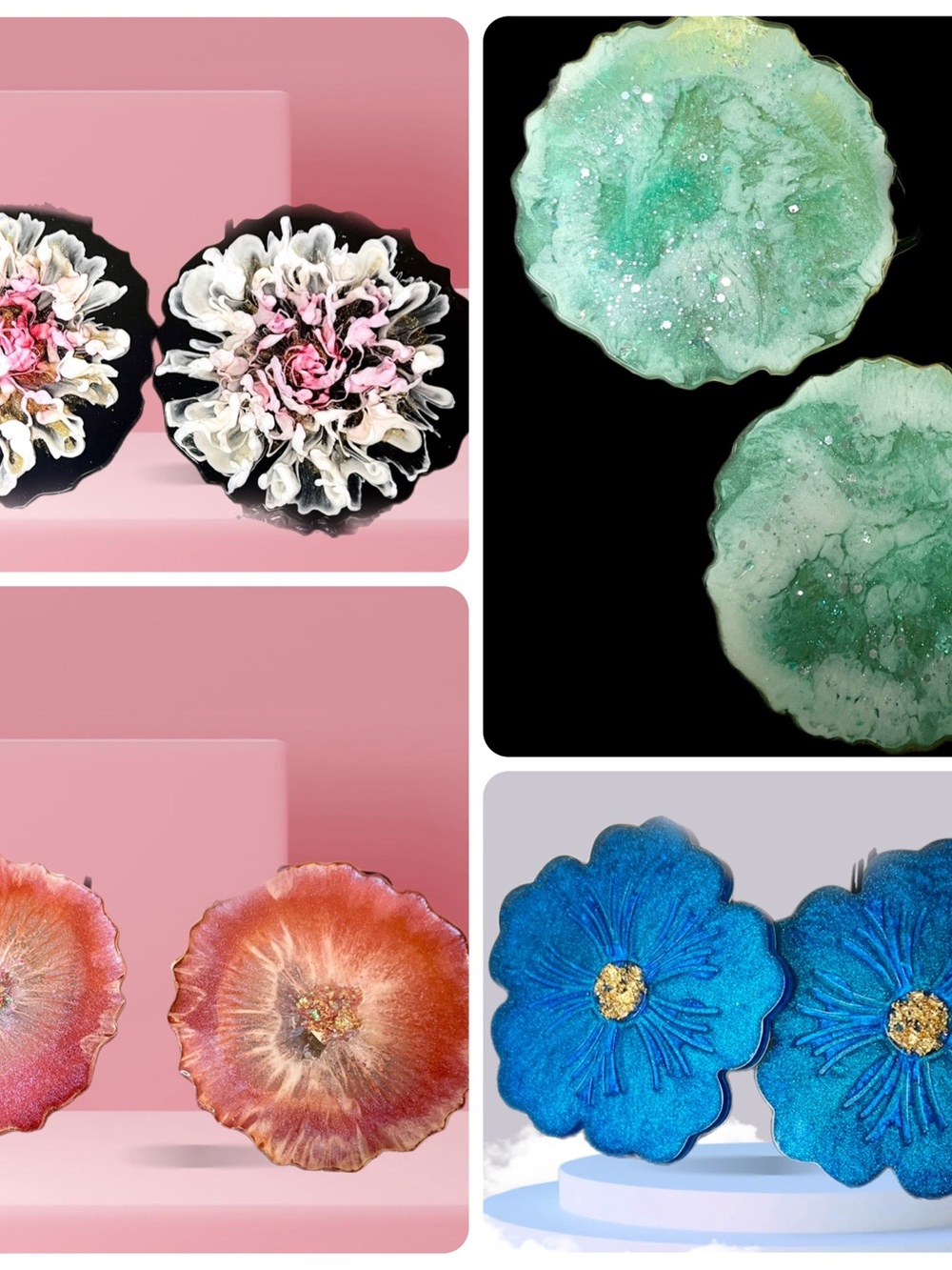 Handmade Pair of Resin Coasters — Pink, Green, Coral, Blue